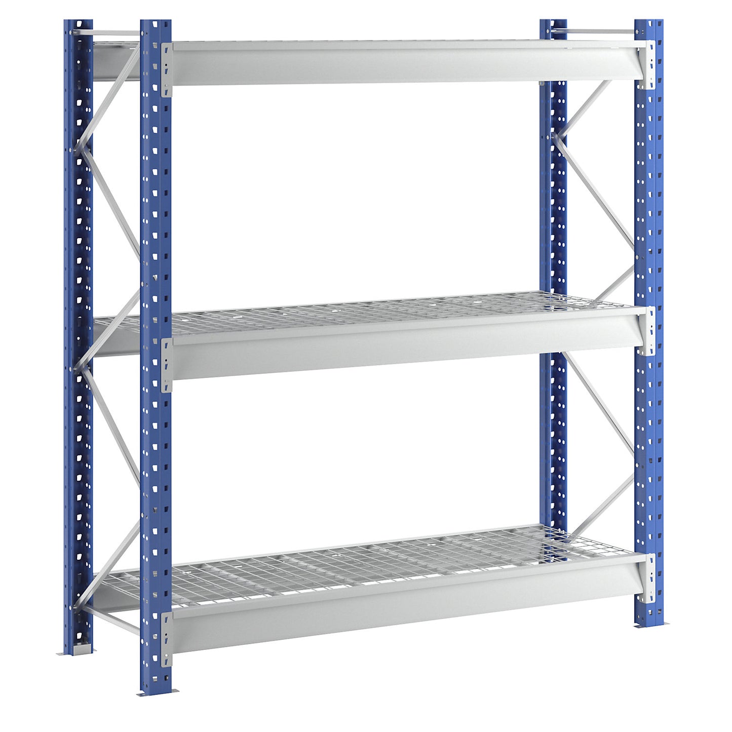 Heavy duty wide span shelving with mesh panel modules, frame colour blue, HxWxD 2496 x 2410 x 800 mm, standard shelf unit.