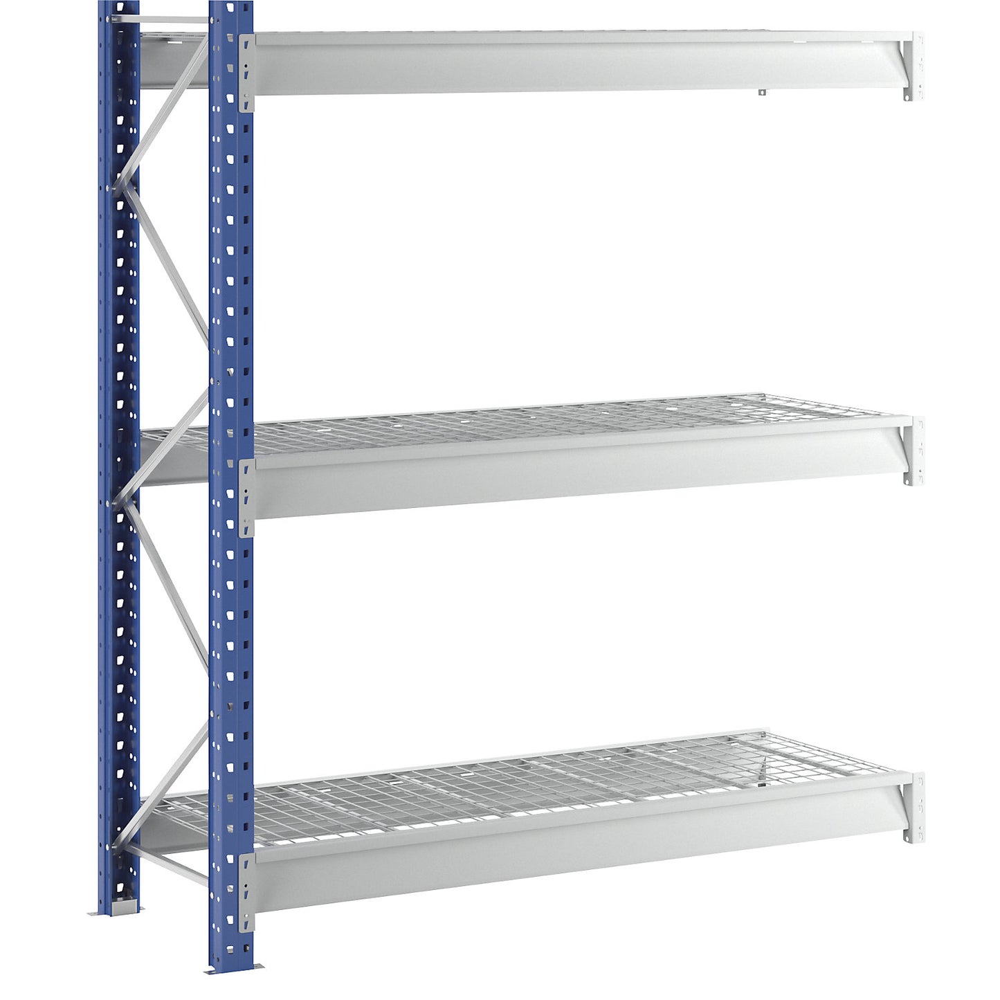 Heavy duty wide span shelving with mesh panel modules, frame colour blue, HxWxD 2496 x 2330 x 800 mm, extension shelf unit.
