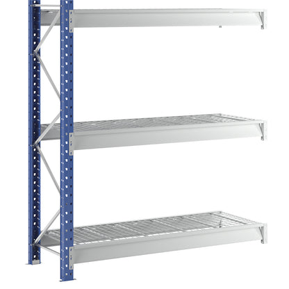 Heavy duty wide span shelving with mesh panel modules, frame colour blue, HxWxD 2496 x 2330 x 800 mm, extension shelf unit.