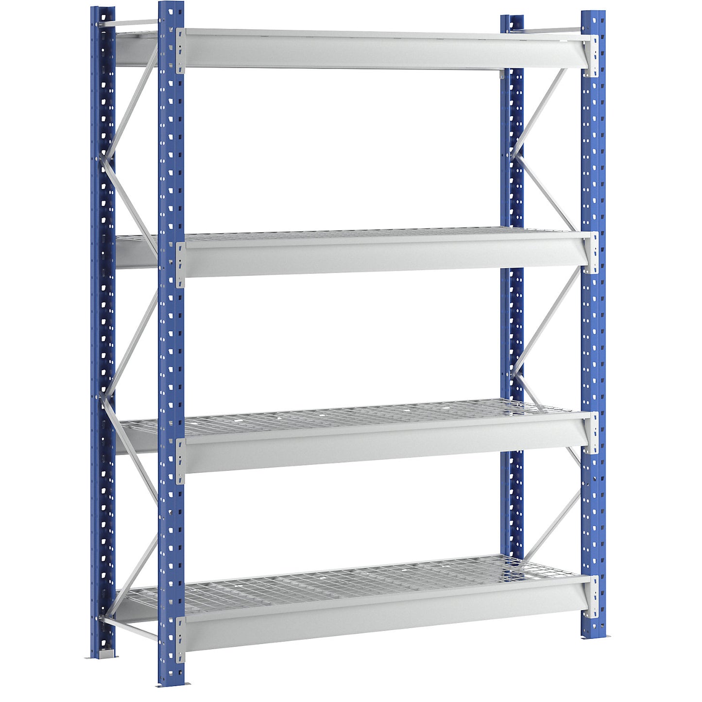 Heavy duty wide span shelving with mesh panel modules, frame colour blue, HxWxD 2996 x 2410 x 800 mm, standard shelf unit.
