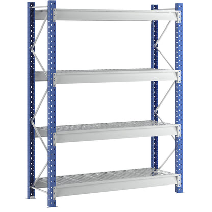 Heavy duty wide span shelving with mesh panel modules, frame colour blue, HxWxD 2996 x 2410 x 800 mm, standard shelf unit.