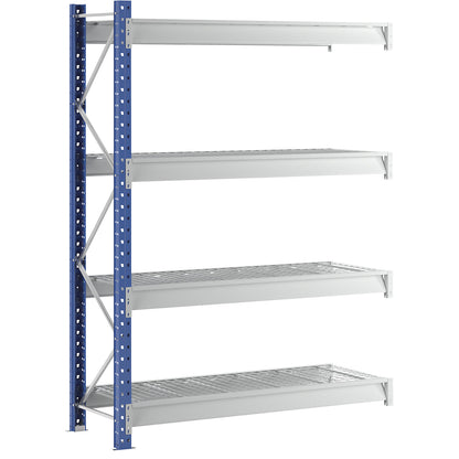 Heavy duty wide span shelving with mesh panel modules, frame colour blue, HxWxD 2996 x 2330 x 800 mm, extension shelf unit.