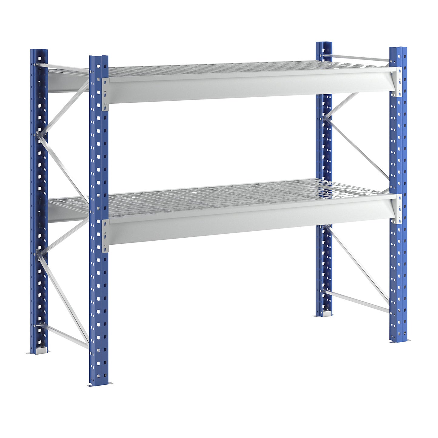Heavy duty wide span shelving with mesh panel modules, frame colour blue, HxWxD 1996 x 2410 x 1000 mm, standard shelf unit.