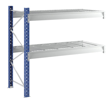 Heavy duty wide span shelving with mesh panel modules, frame colour blue, HxWxD 1996 x 2330 x 1000 mm, extension shelf unit.