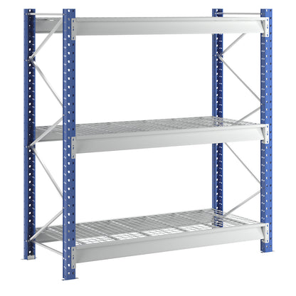 Heavy duty wide span shelving with mesh panel modules, frame colour blue, HxWxD 2496 x 2410 x 1000 mm, standard shelf unit.