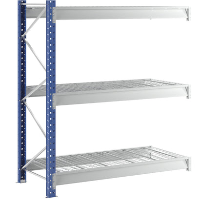 Heavy duty wide span shelving with mesh panel modules, frame colour blue, HxWxD 2496 x 2330 x 1000 mm, extension shelf unit.