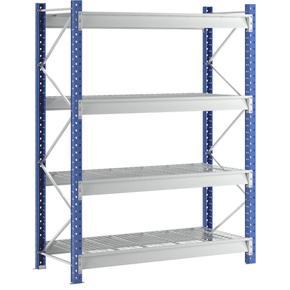 Heavy duty wide span shelving with mesh panel modules, frame colour blue, HxWxD 2996 x 2410 x 1000 mm, standard shelf unit.