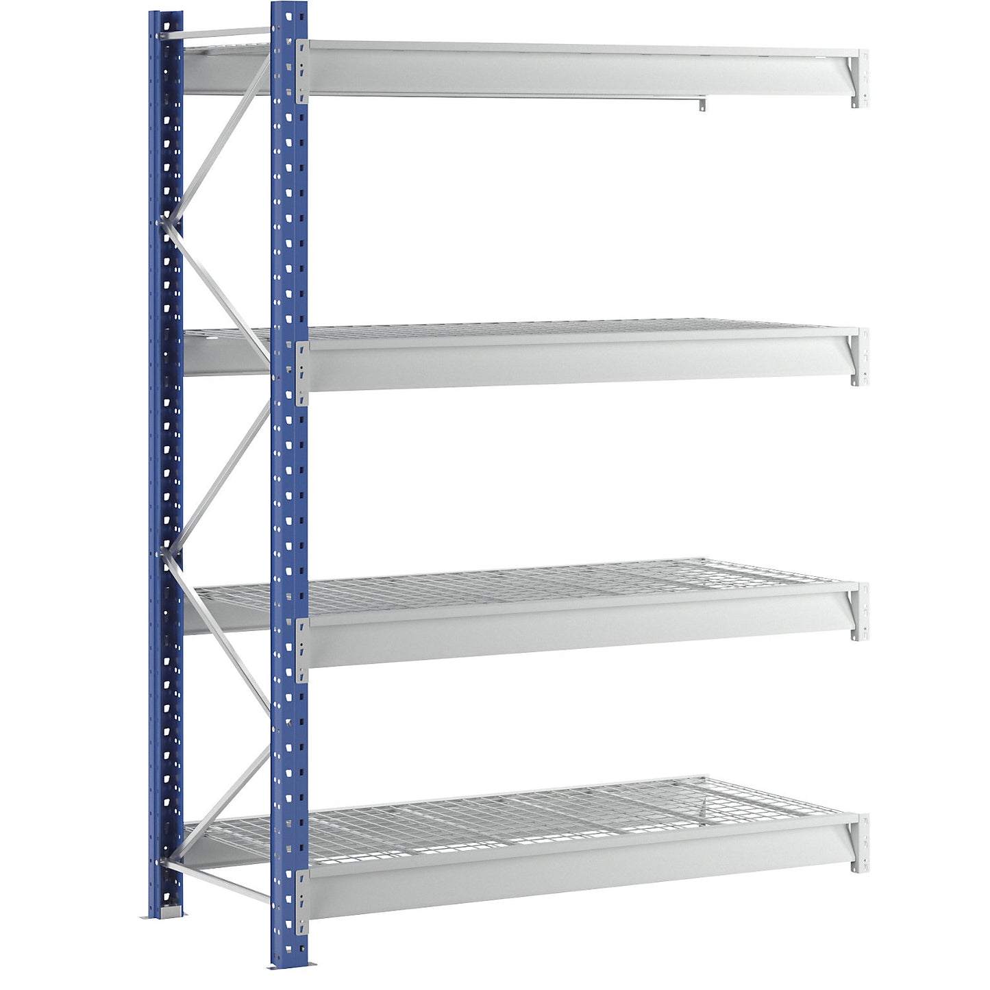 Heavy duty wide span shelving with mesh panel modules, frame colour blue, HxWxD 2996 x 2330 x 1000 mm, extension shelf unit.