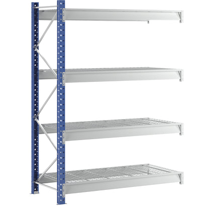 Heavy duty wide span shelving with mesh panel modules, frame colour blue, HxWxD 2996 x 2330 x 1000 mm, extension shelf unit.