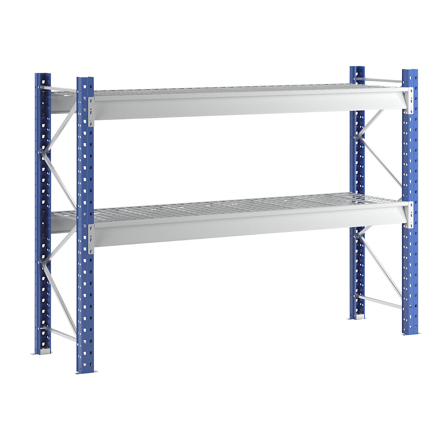 Heavy duty wide span shelving with mesh panel modules, frame colour blue, HxWxD 1996 x 2860 x 800 mm, standard shelf unit.