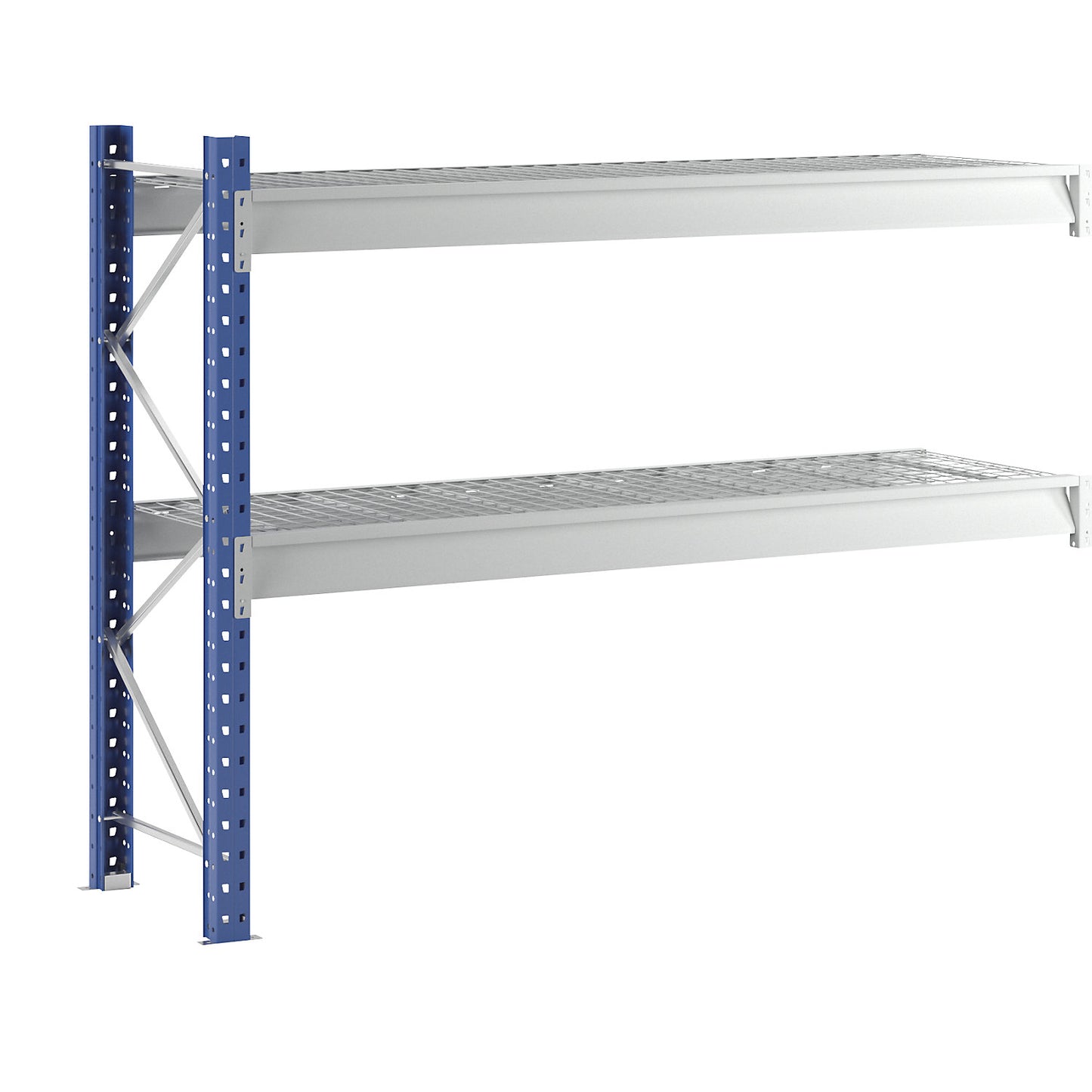 Heavy duty wide span shelving with mesh panel modules, frame colour blue, HxWxD 1996 x 2780 x 800 mm, extension shelf unit.