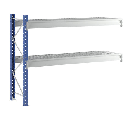 Heavy duty wide span shelving with mesh panel modules, frame colour blue, HxWxD 1996 x 2780 x 800 mm, extension shelf unit.