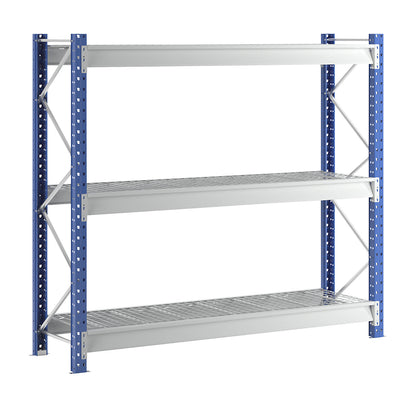 Heavy duty wide span shelving with mesh panel modules, frame colour blue, HxWxD 2496 x 2860 x 800 mm, standard shelf unit.