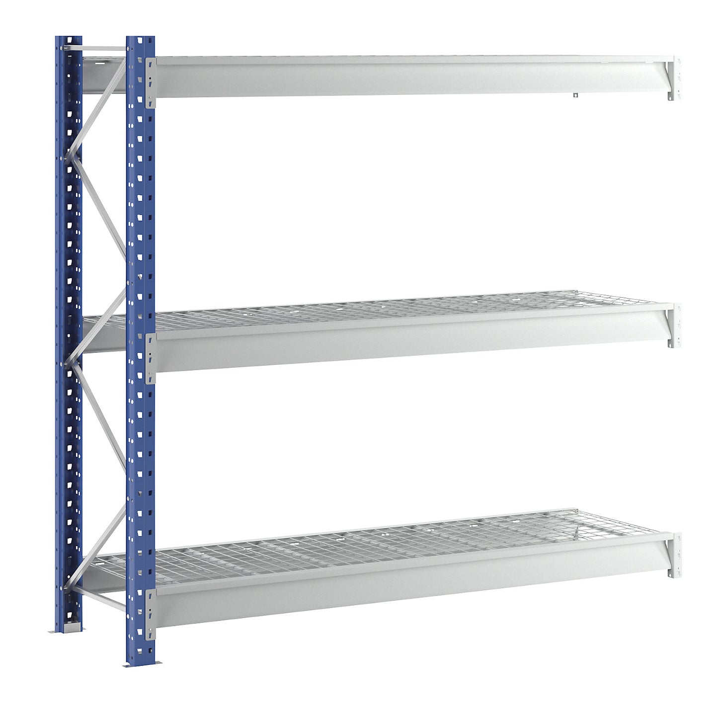 Heavy duty wide span shelving with mesh panel modules, frame colour blue, HxWxD 2496 x 2780 x 800 mm, extension shelf unit.