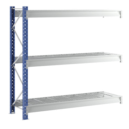 Heavy duty wide span shelving with mesh panel modules, frame colour blue, HxWxD 2496 x 2780 x 800 mm, extension shelf unit.