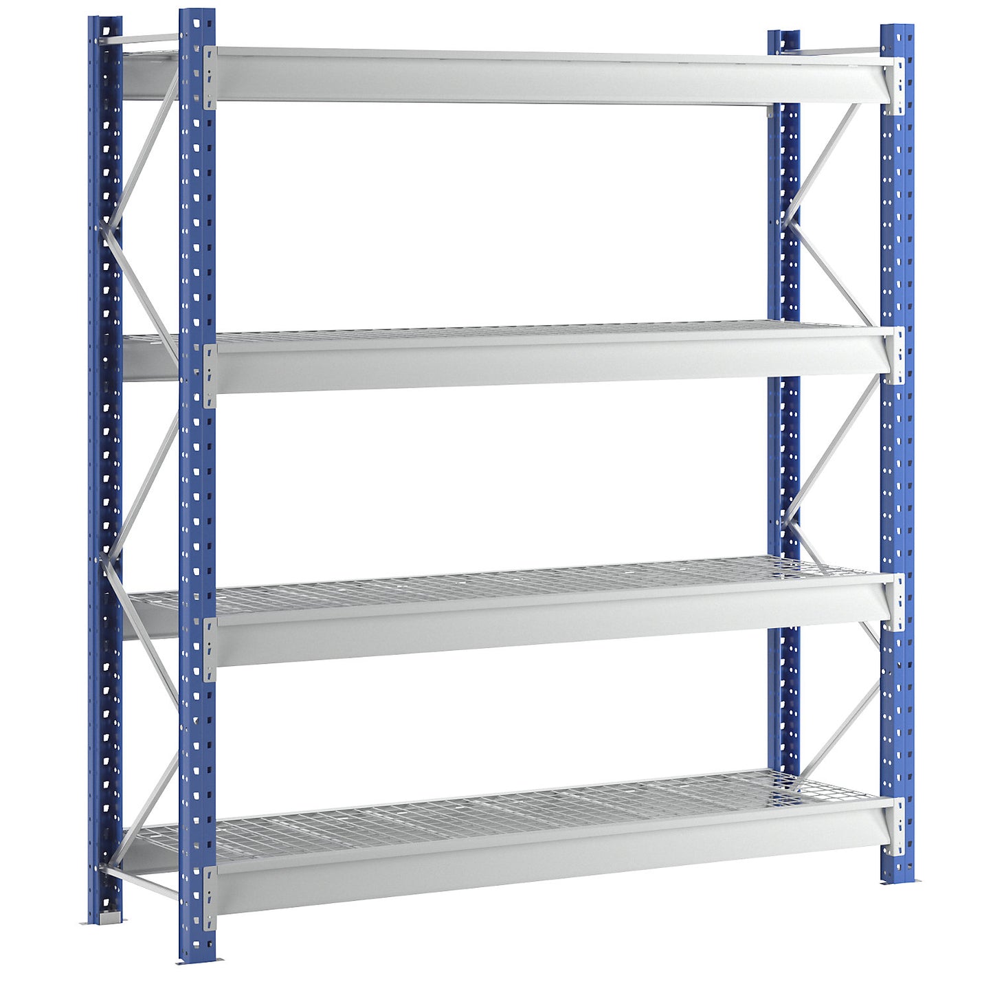 Heavy duty wide span shelving with mesh panel modules, frame colour blue, HxWxD 2996 x 2860 x 800 mm, standard shelf unit.