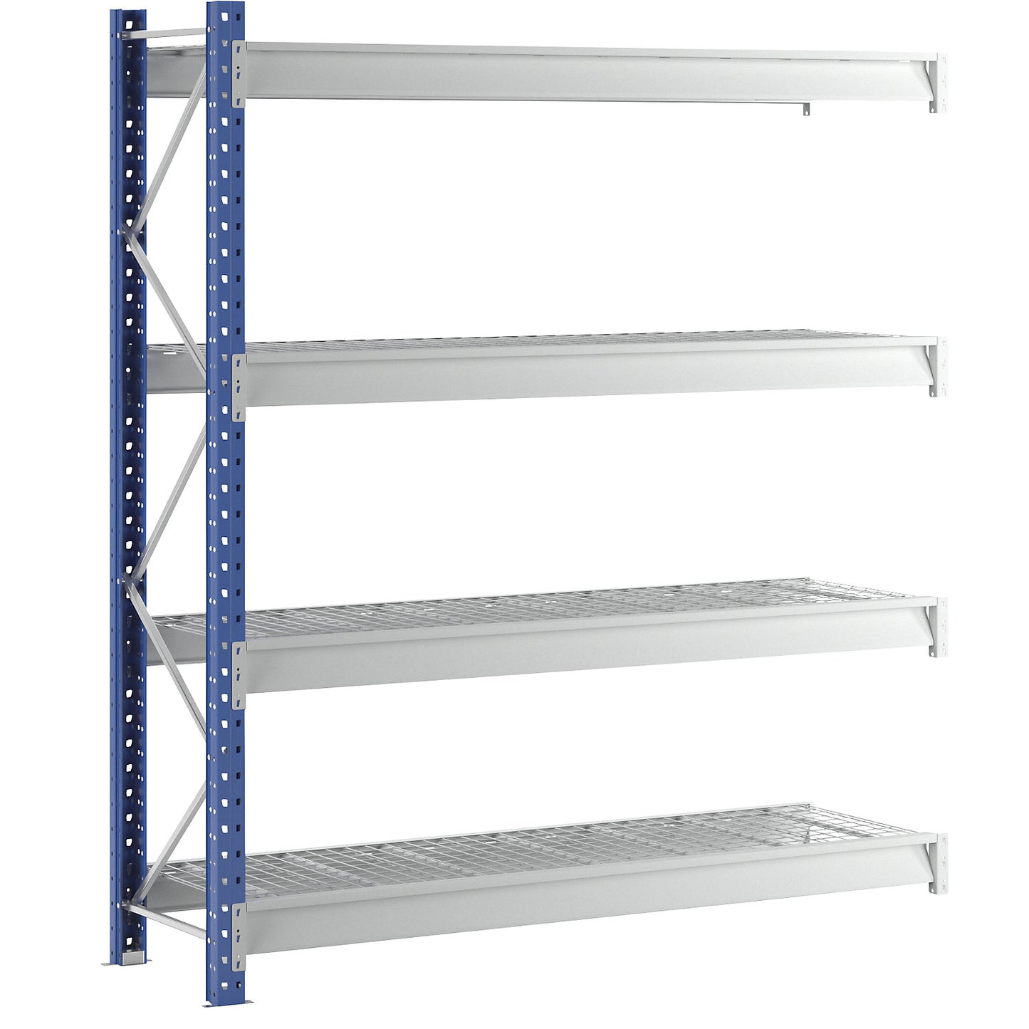 Heavy duty wide span shelving with mesh panel modules, frame colour blue, HxWxD 2996 x 2780 x 800 mm, extension shelf unit.