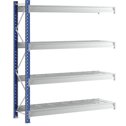 Heavy duty wide span shelving with mesh panel modules, frame colour blue, HxWxD 2996 x 2780 x 800 mm, extension shelf unit.