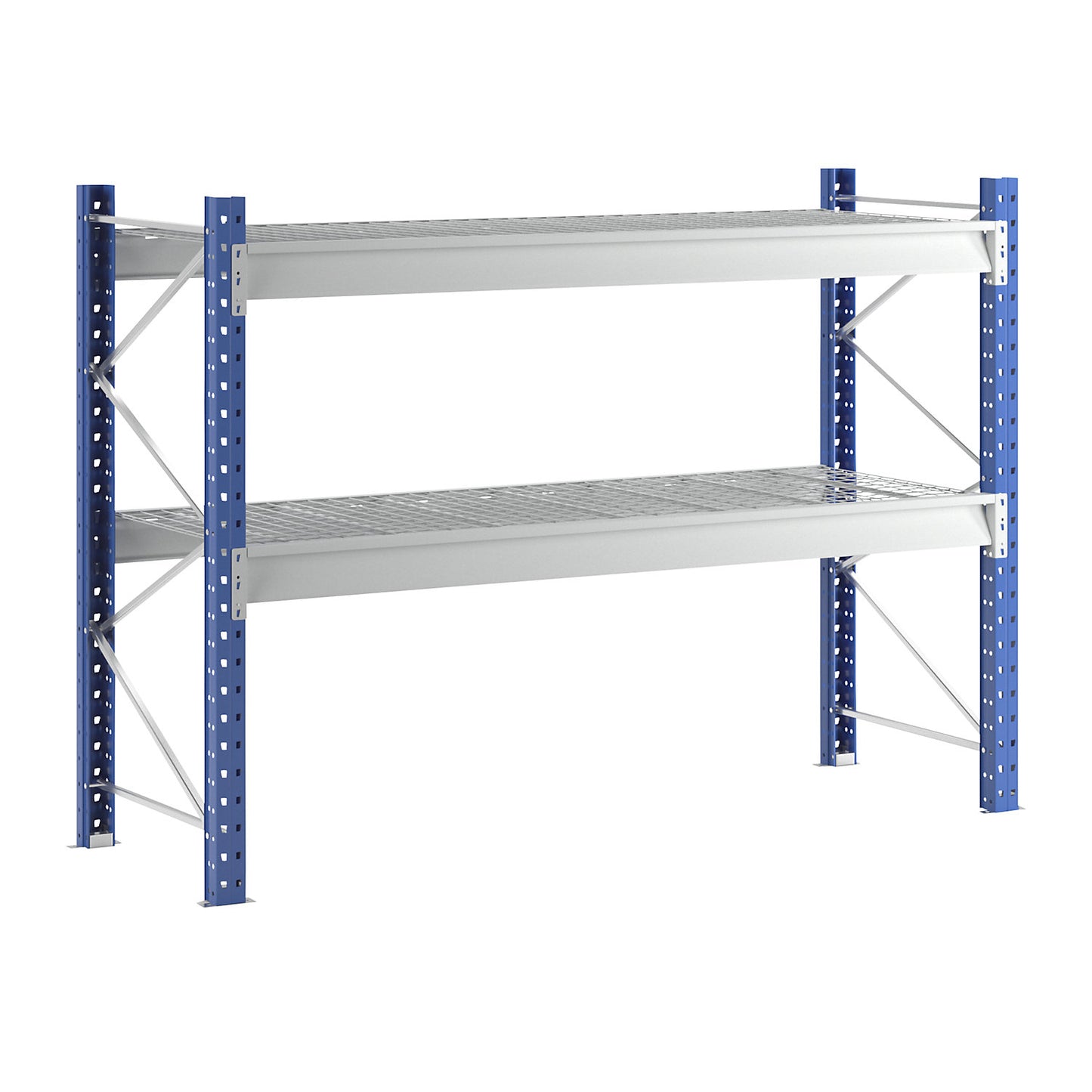 Heavy duty wide span shelving with mesh panel modules, frame colour blue, HxWxD 1996 x 2860 x 1000 mm, standard shelf unit.