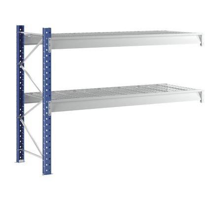 Heavy duty wide span shelving with mesh panel modules, frame colour blue, HxWxD 1996 x 2780 x 1000 mm, extension shelf unit.