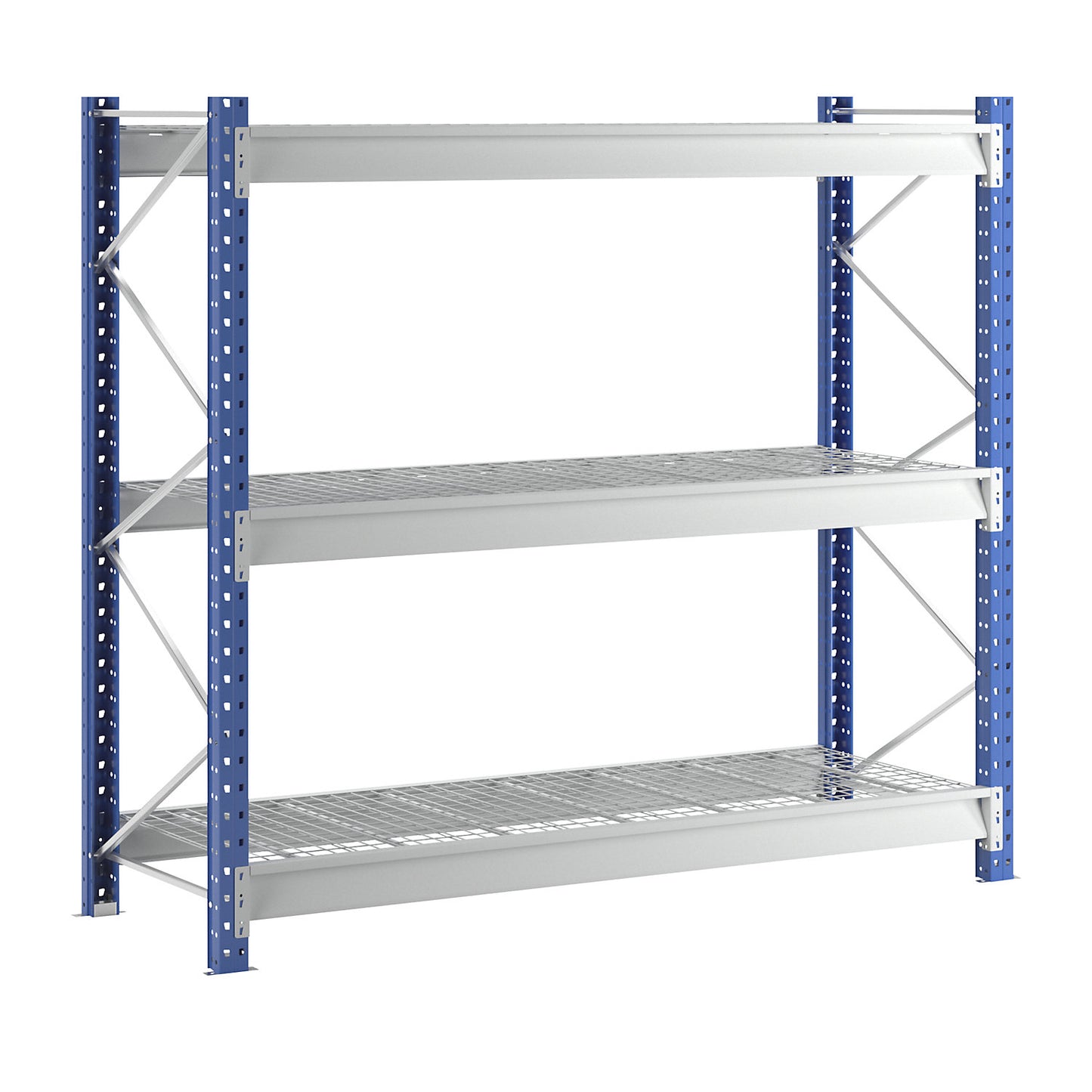 Heavy duty wide span shelving with mesh panel modules, frame colour blue, HxWxD 2496 x 2860 x 1000 mm, standard shelf unit.