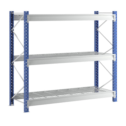 Heavy duty wide span shelving with mesh panel modules, frame colour blue, HxWxD 2496 x 2860 x 1000 mm, standard shelf unit.