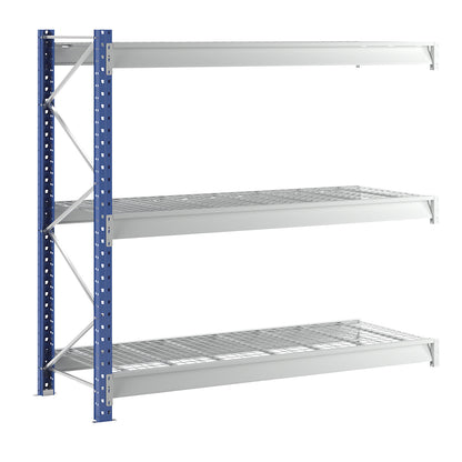 Heavy duty wide span shelving with mesh panel modules, frame colour blue, HxWxD 2496 x 2780 x 1000 mm, extension shelf unit.