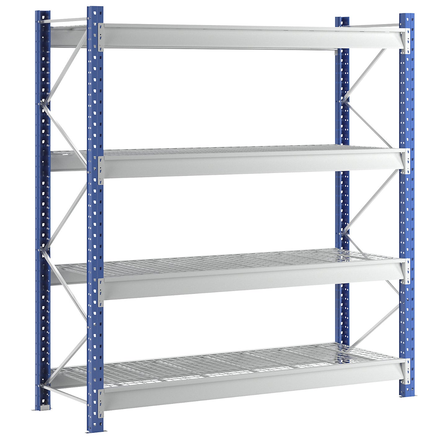 Heavy duty wide span shelving with mesh panel modules, frame colour blue, HxWxD 2996 x 2860 x 1000 mm, standard shelf unit.