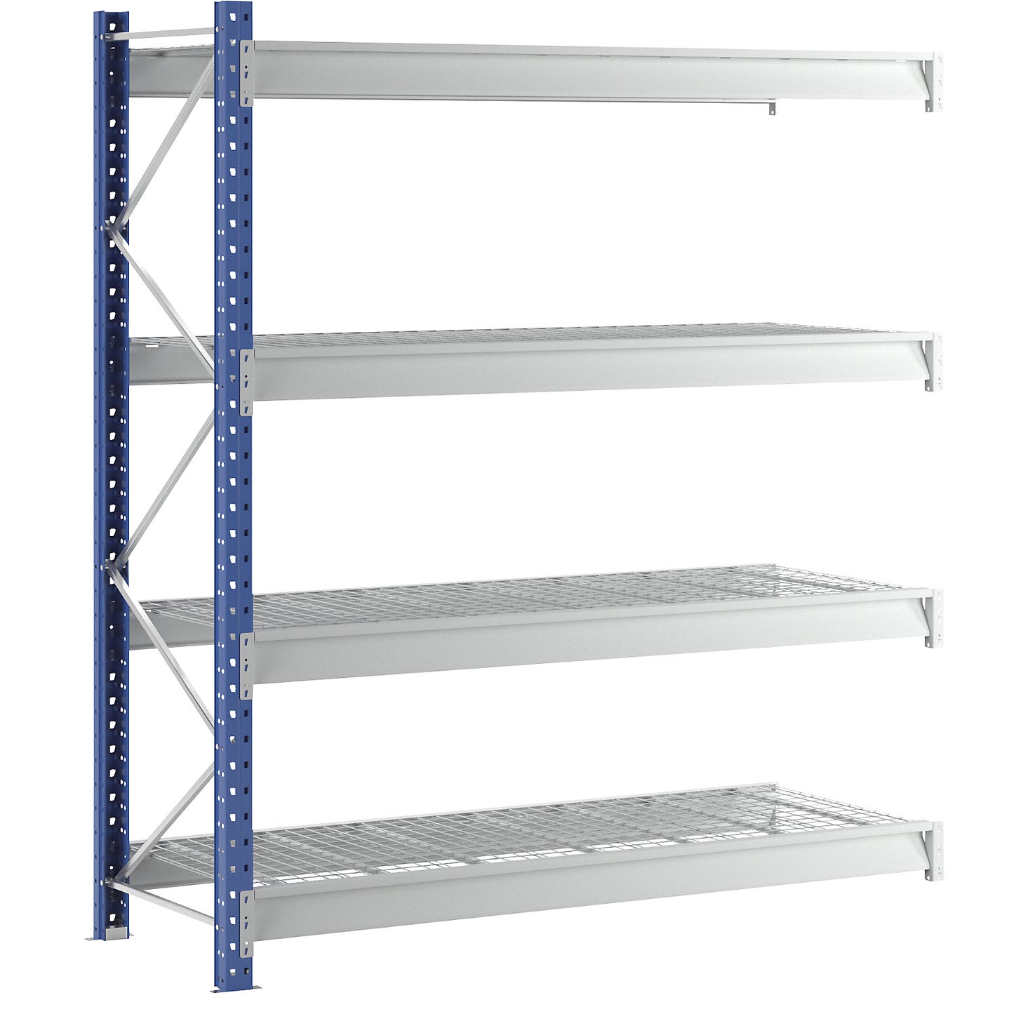 Heavy duty wide span shelving with mesh panel modules, frame colour blue, HxWxD 2996 x 2780 x 1000 mm, extension shelf unit.