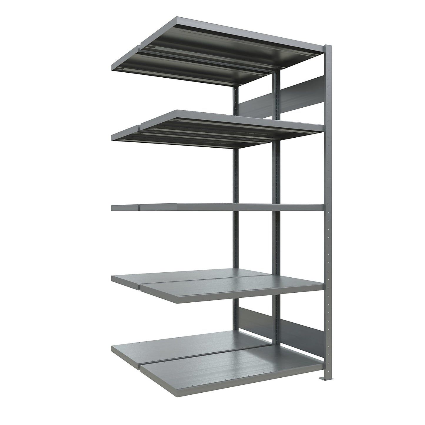 Boltless shelving unit, double row, shelf WxD 1300 x (2 x 500) mm, zinc plated, height 2000 mm, extension shelf unit.
