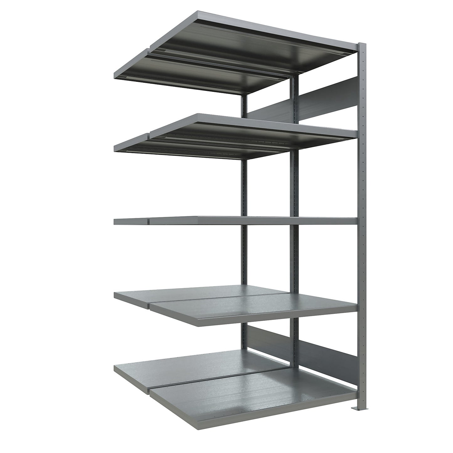 Boltless shelving unit, double row, shelf WxD 1300 x (2 x 600) mm, zinc plated, height 2000 mm, extension shelf unit.