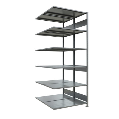 Boltless shelving unit, double row, shelf WxD 1000 x (2 x 600) mm, zinc plated, height 2500 mm, extension shelf unit.