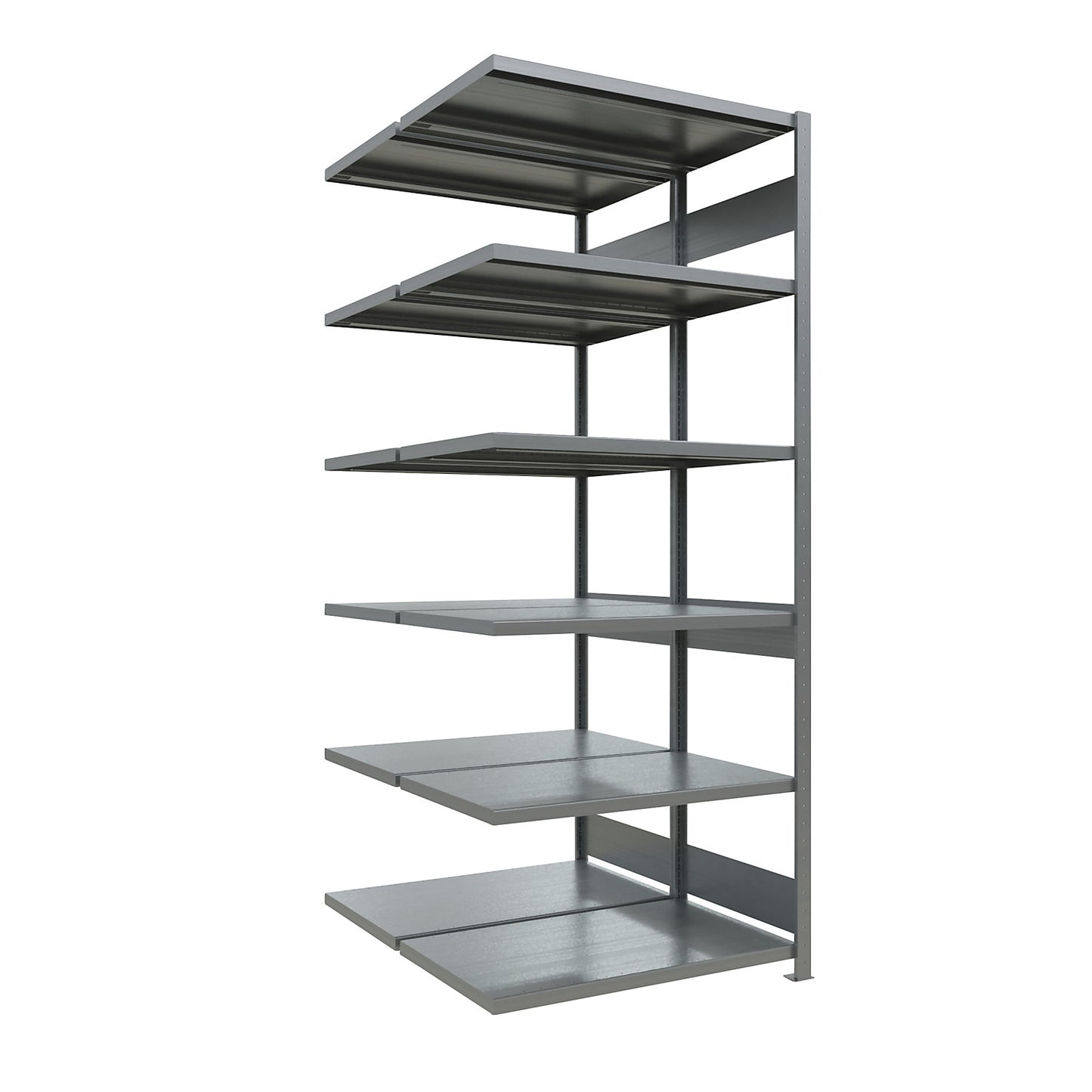 Boltless shelving unit, double row, shelf WxD 1300 x (2 x 600) mm, zinc plated, height 2500 mm, extension shelf unit.