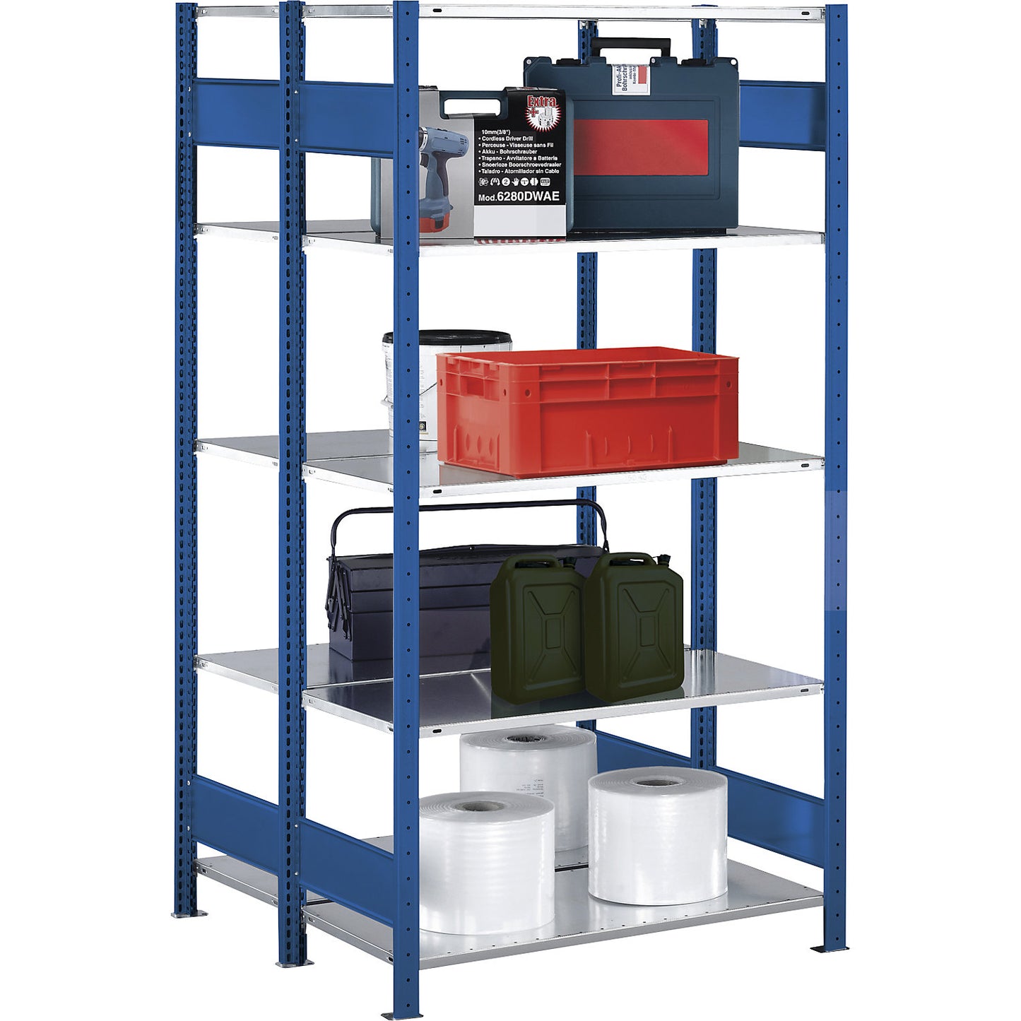 Boltless shelving unit, double row, shelf WxD 1300 x (2 x 600) mm, blue, height 2000 mm, standard shelf unit.