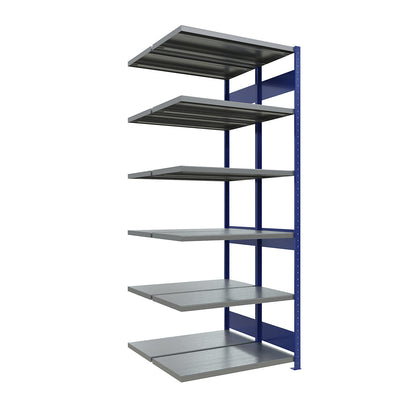 Boltless shelving unit, double row, shelf WxD 1300 x (2 x 500) mm, blue, height 2500 mm, extension shelf unit.
