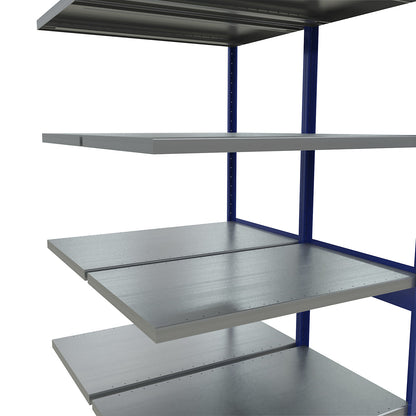 Boltless shelving unit, double row, shelf WxD 1300 x (2 x 600) mm, blue, height 2500 mm, extension shelf unit.