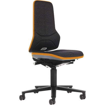 NEON industrial swivel chair, castors, permanent contact mechanism, fabric, orange bumper.