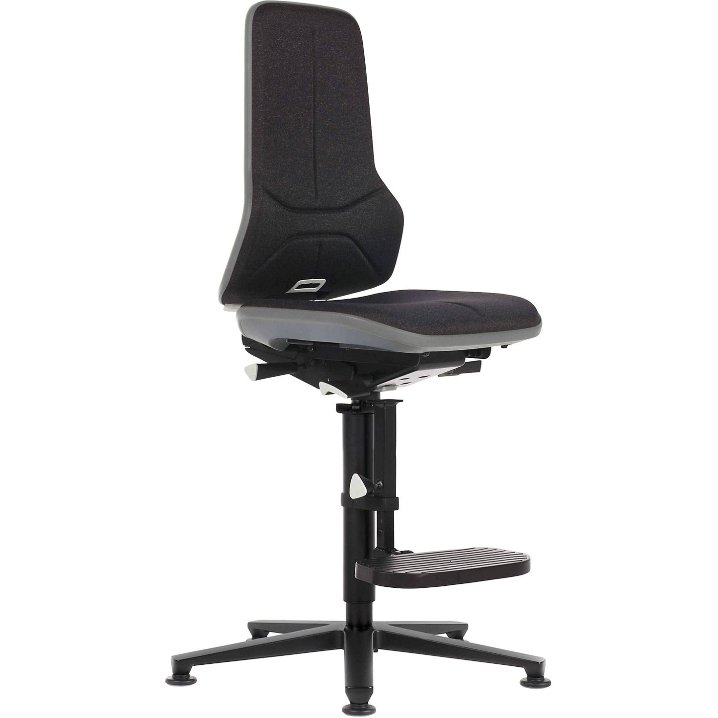 NEON industrial swivel chair, floor glides, step-up, permanent contact mechanism, fabric, grey bumper.