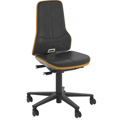 NEON industrial swivel chair, castors, permanent contact mechanism, vinyl, orange bumper.