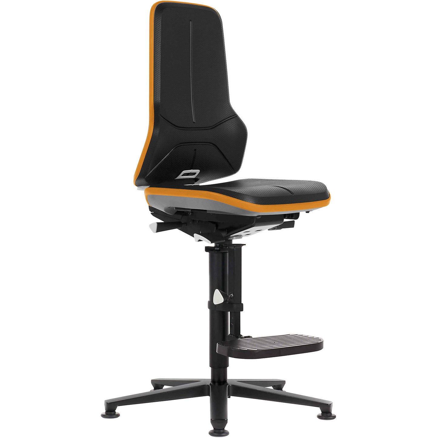 NEON industrial swivel chair, floor glides, step-up, permanent contact mechanism, skintec, orange bumper.