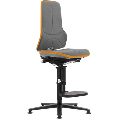 NEON industrial swivel chair, floor glides, step-up, permanent contact mechanism, Supertec, orange bumper.