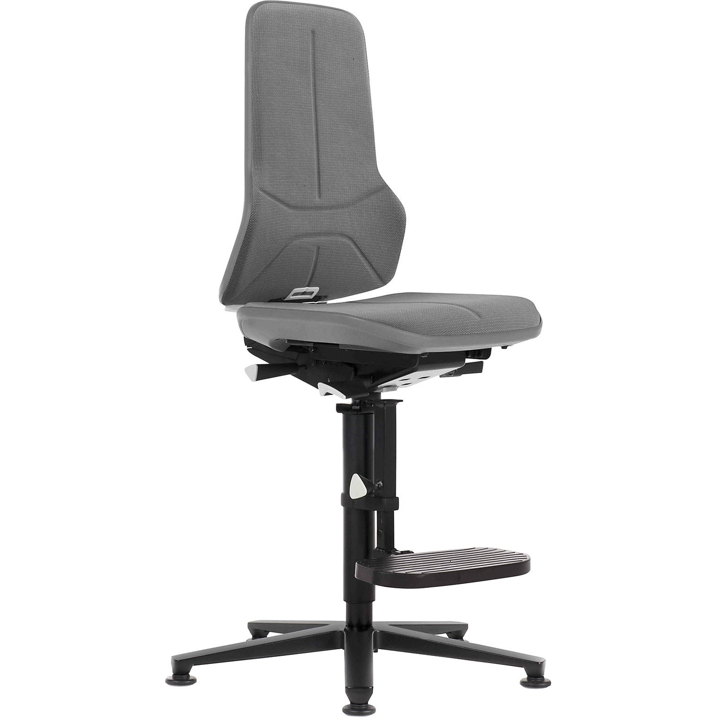 NEON industrial swivel chair, floor glides, step-up, permanent contact mechanism, Supertec, grey bumper.