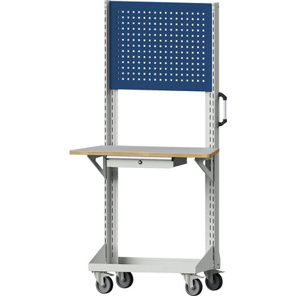 Tool and assembly trolley, with perforated panel, worktop, drawer, blue.
