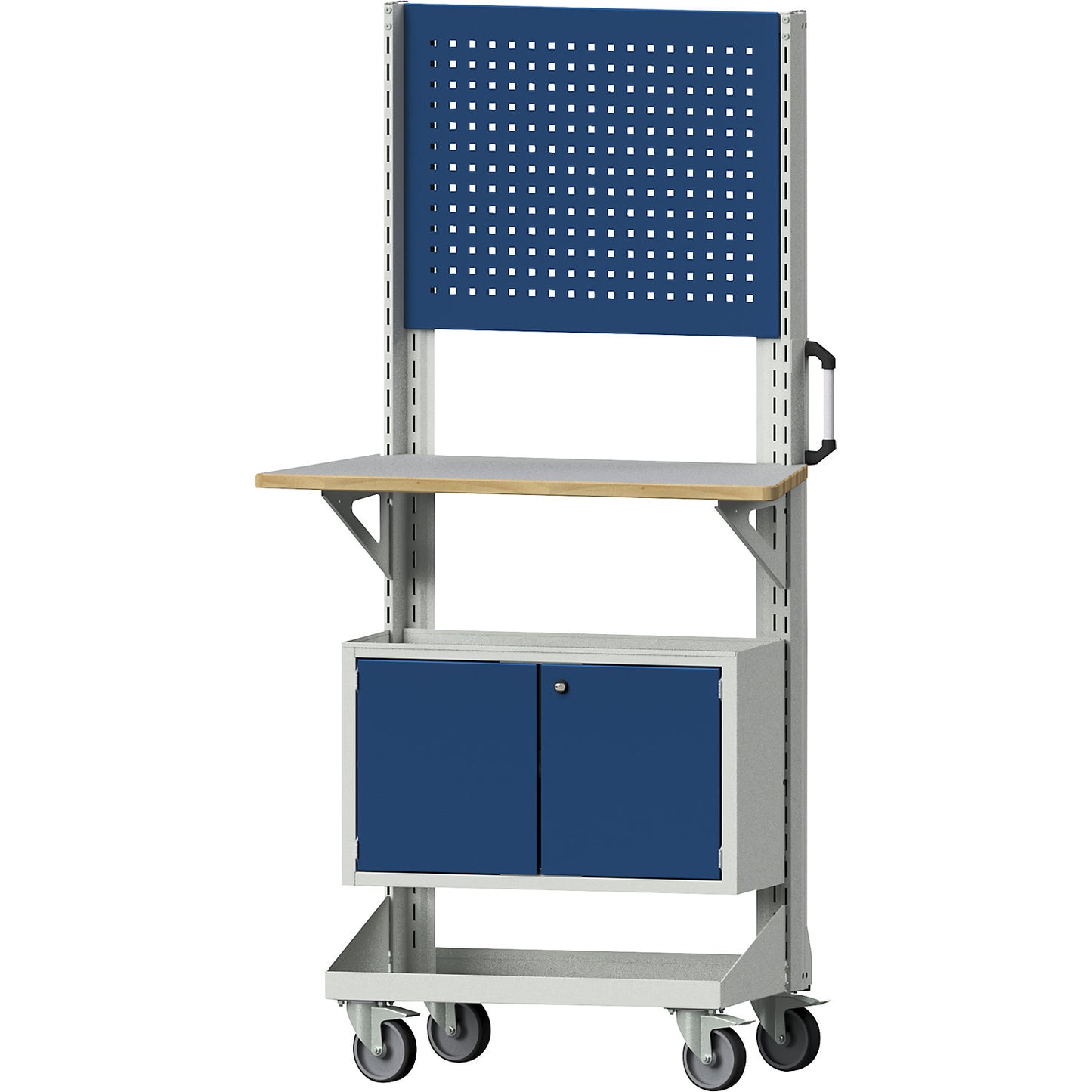 Tool and assembly trolley, with perforated panel, worktop, cupboard, blue.