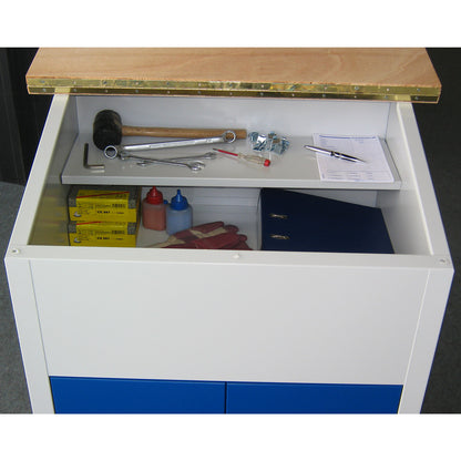 Industrial pedestal desk, open version, gentian blue.