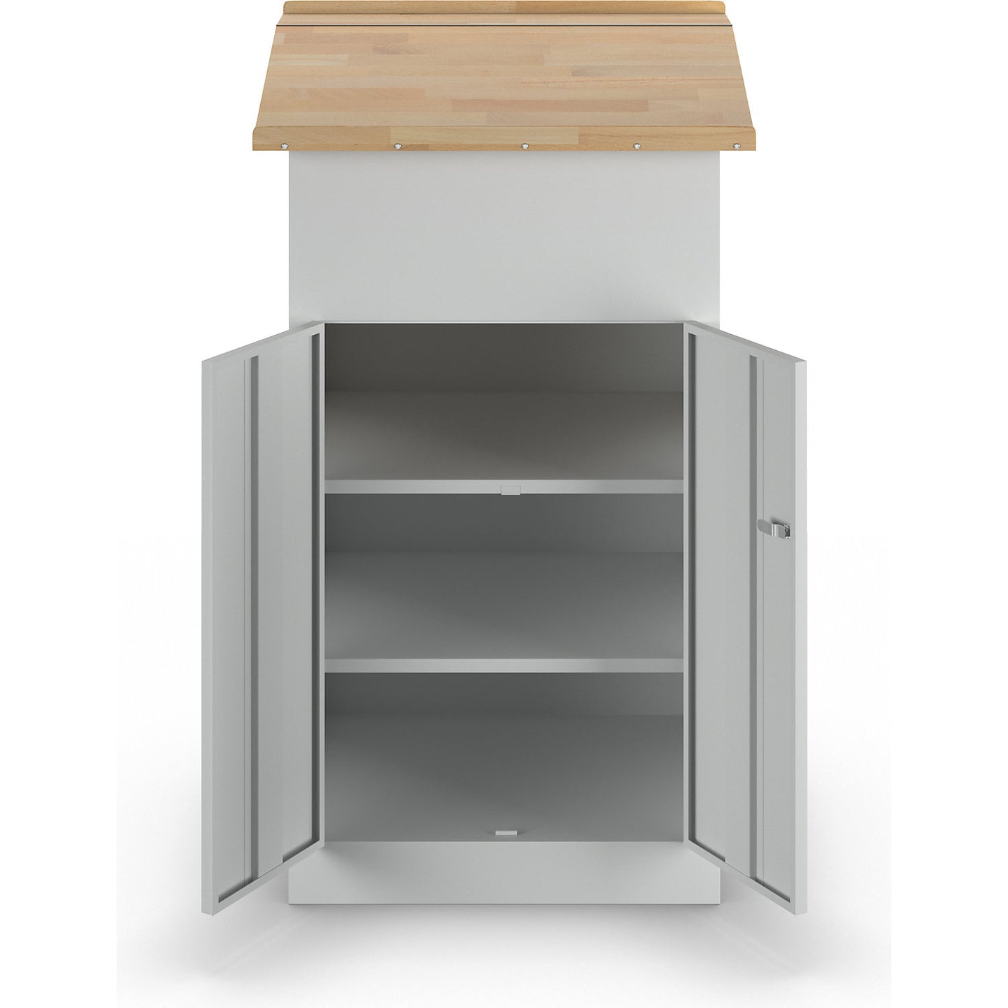 Industrial pedestal desk, with double door cupboard, light grey.