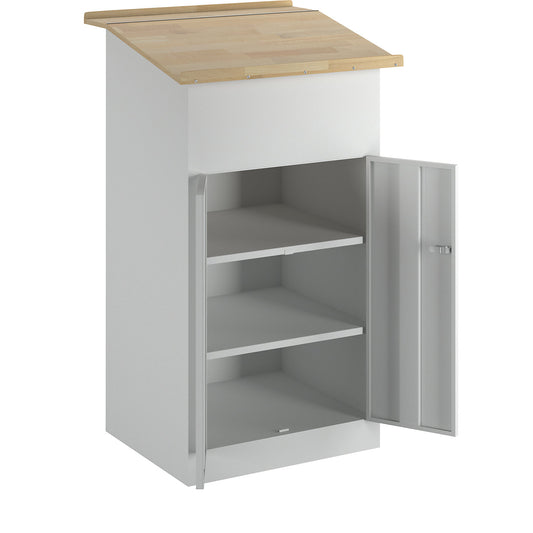 Industrial pedestal desk, with double door cupboard, light grey.