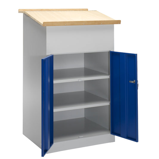 Industrial pedestal desk, with double door cupboard, gentian blue.