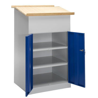 Industrial pedestal desk, with double door cupboard, gentian blue.