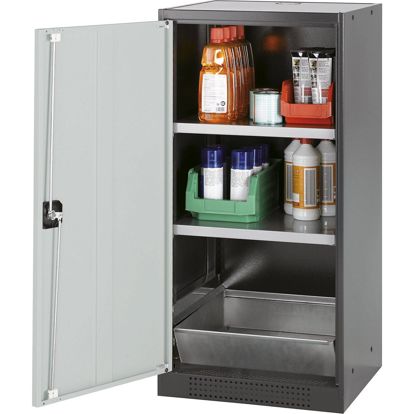 Laboratory chemical storage cupboard, 1 door, half height, 2 shelves, without vision panel, grey.
